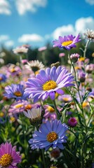 Fototapeta premium Delicate flowers sway gently in the breeze, contrasting beautifully with the towering peaks in the distance.