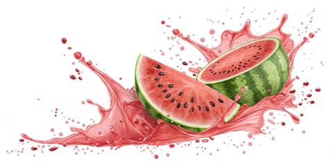 Watermelon Splash 3D Render of Juicy Slices, Dynamic Composition, Freshness Concept, Watermelon Juice, Summer Drink Watermelon, Juice Splash