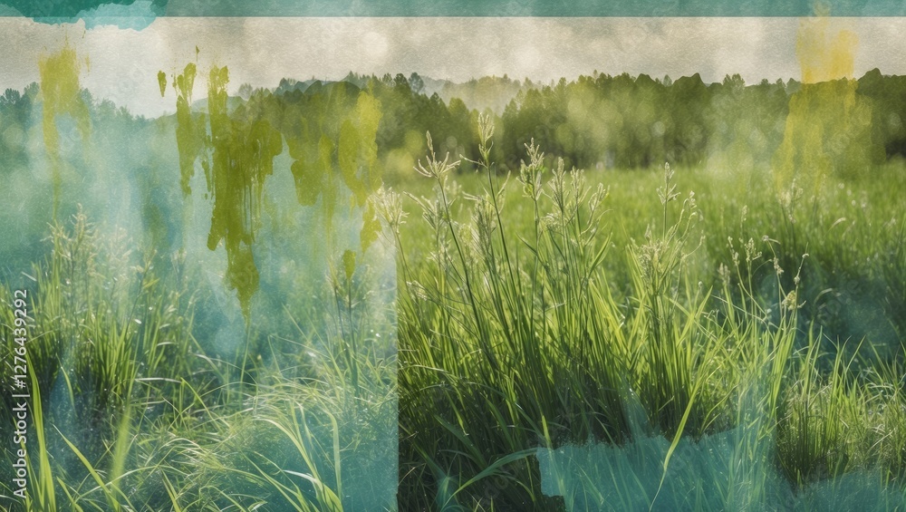 Poster green grass field with soft blurred background and abstract textures in a natural landscape setting 