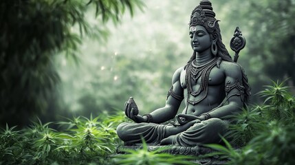 Obraz premium Lord Shiva Amidst Cannabis Plants. A Mystical Blend Of Divinity And Nature'S Bounty.