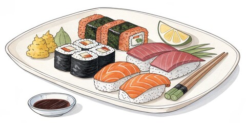 Watercolor Sushi Platter Composition of Nigiri, Maki and Tempura, Japanese Food Illustration, Sushi Art Sushi, Watercolor, Illustration