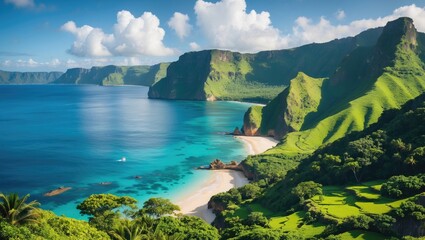 Coastal landscape with cliffs, turquoise waters, and green hills under a blue sky with scattered clouds in a tropical setting