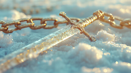 Fototapeta premium Glittering sword on a snowy surface with a chain a stunning closeup of winters majesty and fantasy elements