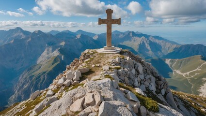 Stone cross on mountain summit surrounded by rocky landscape and peaks under blue sky with clouds. Natural scenery in daytime.