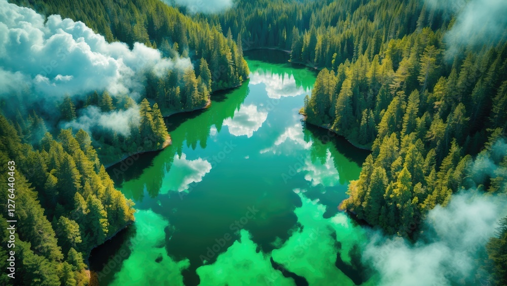 Poster aerial view of a lush green forest surrounding a tranquil lake with reflections and misty clouds in 