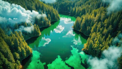 Aerial view of a lush green forest surrounding a tranquil lake with reflections and misty clouds in the background