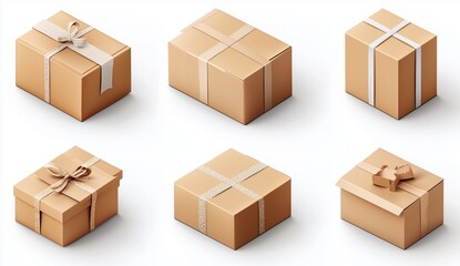 Six Brown Cardboard Gift Boxes Tied with Ribbons: A Variety of Packaging Styles and Sizes for Presents or Deliveries