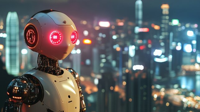 Futuristic Robot Contemplates The City.