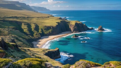 Fototapeta premium Coastal landscape with cliffs sandy beach and blue water under clear sky captured in daytime natural scenery.