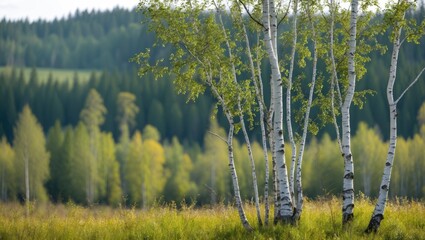 Fototapeta premium Birch trees in foreground with vibrant green foliage and blurred forest background in natural landscape setting during daytime