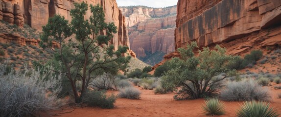 Canyon landscape with red rock formations and green shrubs under a clear sky in a desert environment.