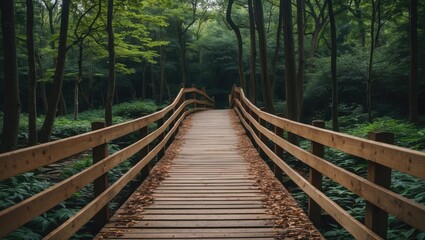 Fototapeta premium Wooden bridge pathway in dense forest surrounded by lush greenery and fallen leaves during daytime