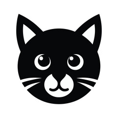 Black cat face vector logo icon, simple flat design on a white background, no shadow under the head of the black, cute kitten, vector illustration style, simple line art, symmetrical composition, logo