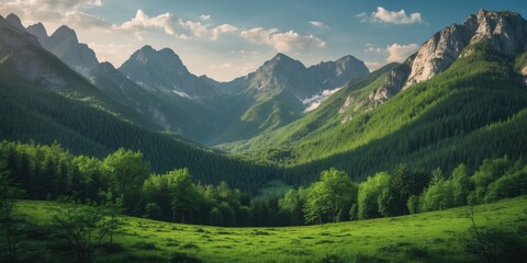 Mountain valley landscape with lush green forests and dramatic peaks under a blue sky with clouds. Natural scenery with vibrant vegetation.