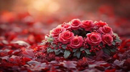 Autumn rose wreath, grave, sunset, remembrance