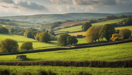 Lush green landscape with rolling hills trees and farm structures under a partly cloudy sky in rural countryside scene