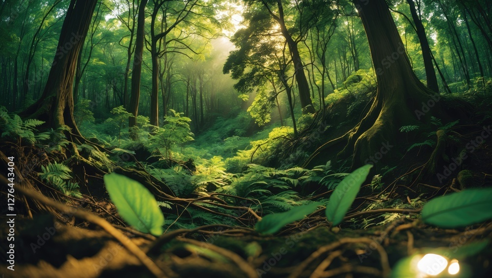 Poster lush green forest with sunlight filtering through trees creating a tranquil natural environment with