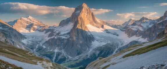 Majestic mountain range with snow capped peaks under cloudy sky at sunset in the Dolomites Italy landscape photography