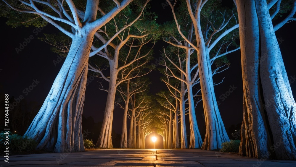 Poster mysterious illuminated tree pathway with tall trunks under blue lighting at night with distant light