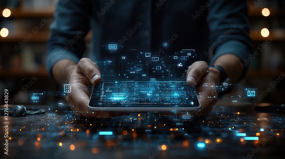 Aufkleber a person interacting with a tablet displaying digital data and holographic icons in a cozy workspace