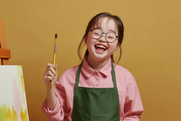 Girl with down's syndrome painting with brush isolated on background with copy space, Down syndrome awareness , World down syndrome day