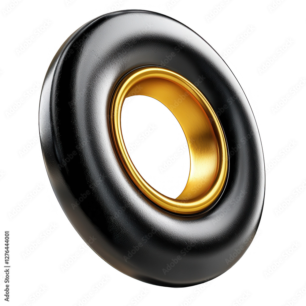 Poster a 3d render of a black and gold toy ring isolated on a dark background, showcasing its smooth textur