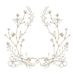 Field, meadow, wild flowers and herbs buttercups with shepherd s purse, pollen, butterfly and bumblebee. Line art is a simple hand-drawn illustration in beige, ochre, brown ink. Circle wreath frame