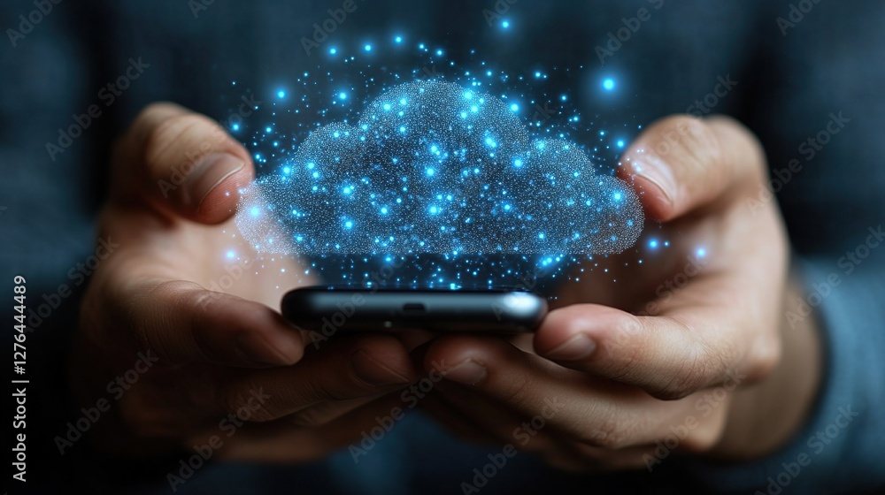 Poster hands holding a smartphone with a glowing cloud symbolizing digital data transfer and connectivity