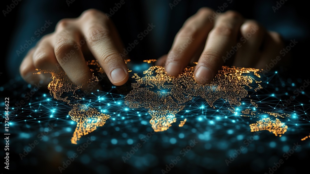 Poster hands interacting with a glowing world map, showcasing digital connectivity and global networks