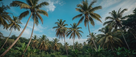 Tropical landscape with tall coconut palm trees against a blue sky in a lush green environment
