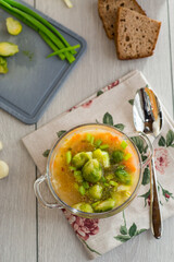 Natural Vegetable Soup with Brussels Sprouts on the Home Table