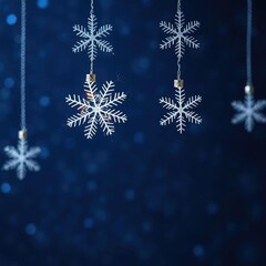 Sparkling snowflake baubles against a glittering dark blue background, decorations, christmas