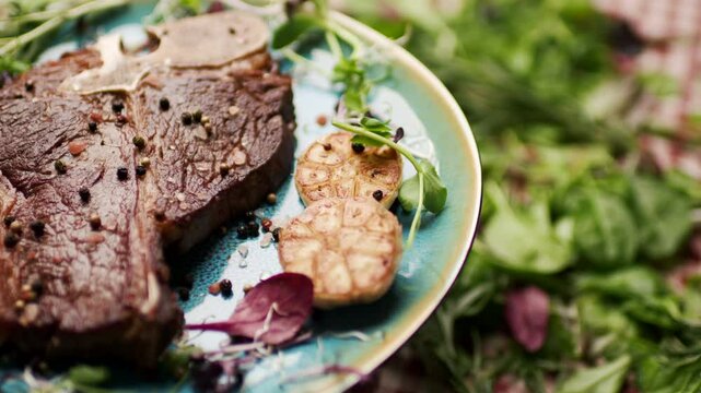 Grilled T-Bone Steak Rotating on Table with Fresh Greenery