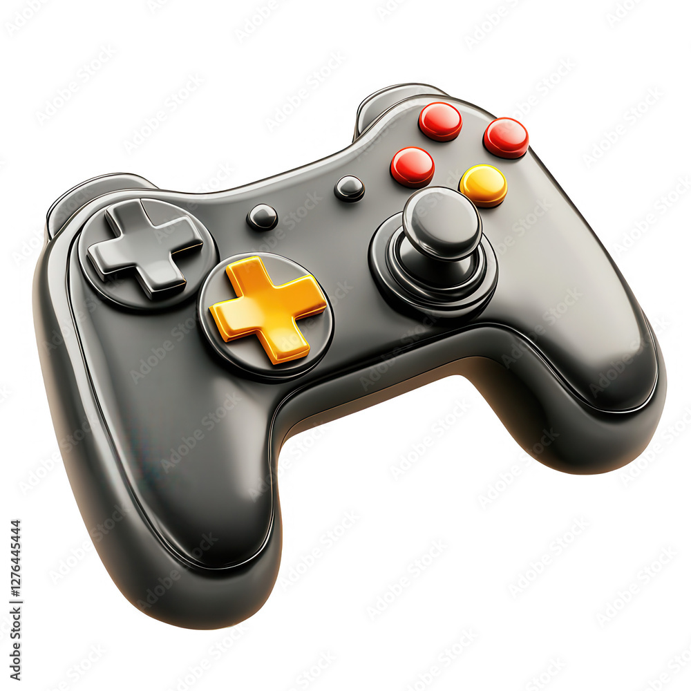Poster a 3d render of a black gaming controller with colorful buttons. this model showcases a sleek design 