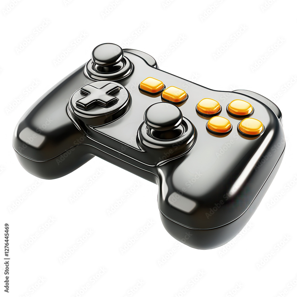 Poster this image showcases a sleek black game controller with glossy textures and striking orange buttons,