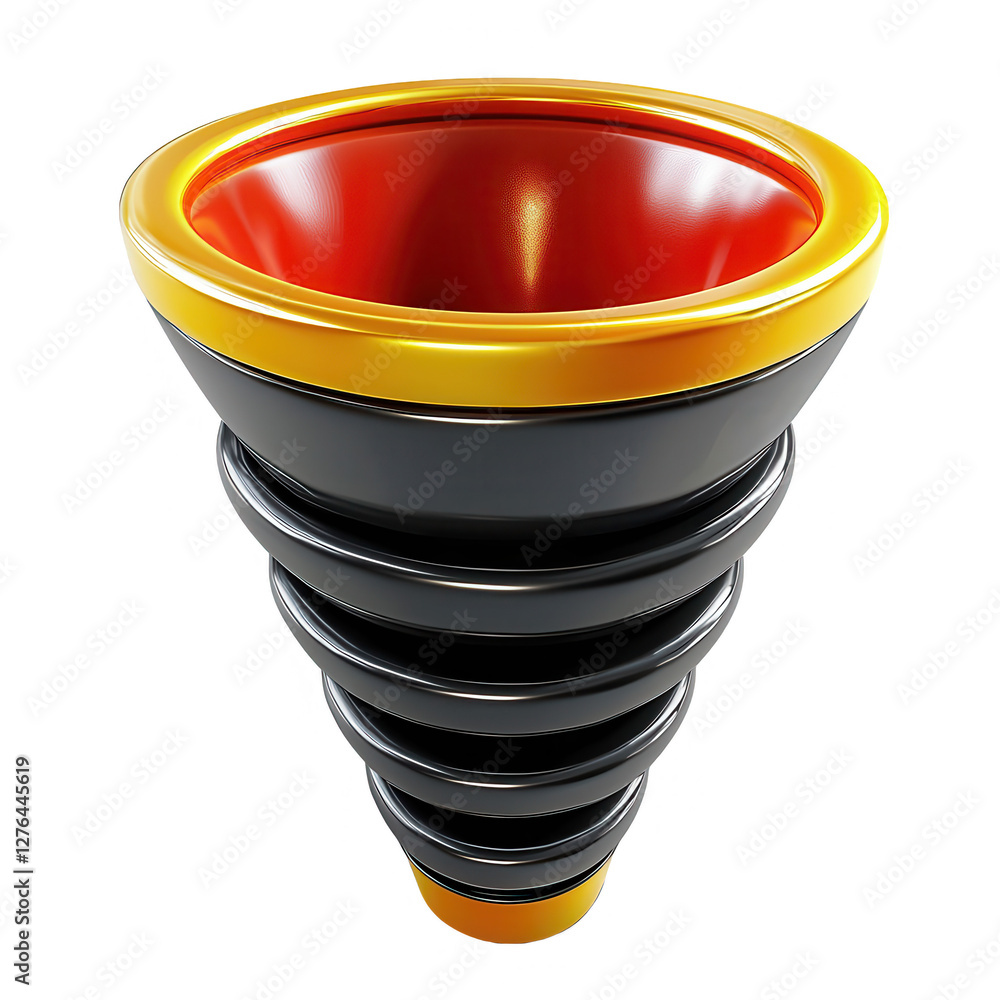 Poster a detailed 3d render of a funnel showcasing a black and red color scheme with a modern design. ideal