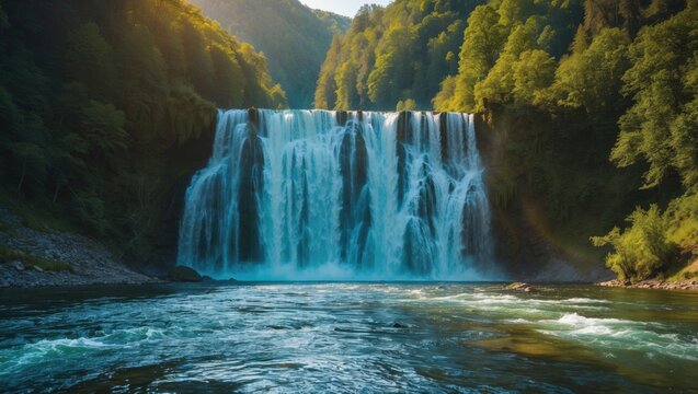 Waterfall cascading over rocky cliffs surrounded by lush green forest and river with clear blue water under sunlight. - Powered by Adobe