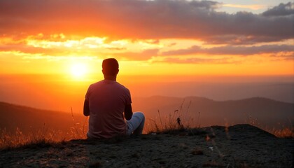 Obraz premium Man Sitting on the Edge of a Mountain at Sunset.