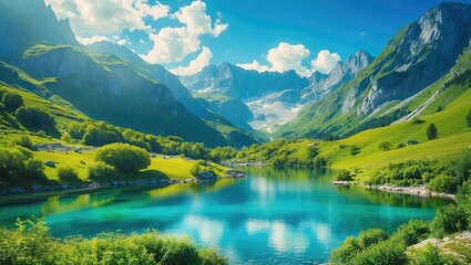 Obraz premium Scenic mountain landscape with clear turquoise lake and lush green meadows under a bright blue sky with fluffy clouds