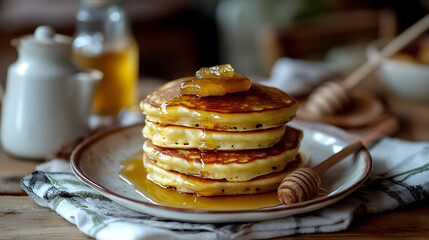 Delicious Stack of Golden Brown Pancakes Drizzled with Honey