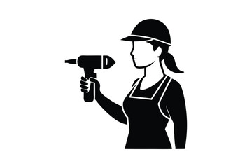 Silhouette of a woman construction worker holding a power drill and symbolizing gender equality in labor vector art illustration.eps