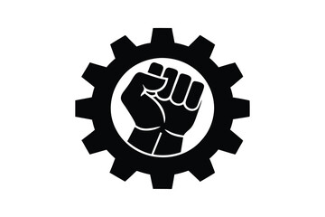 Silhouette of a clenched fist gripping a gear, representing the power of workers vector art illustration.eps