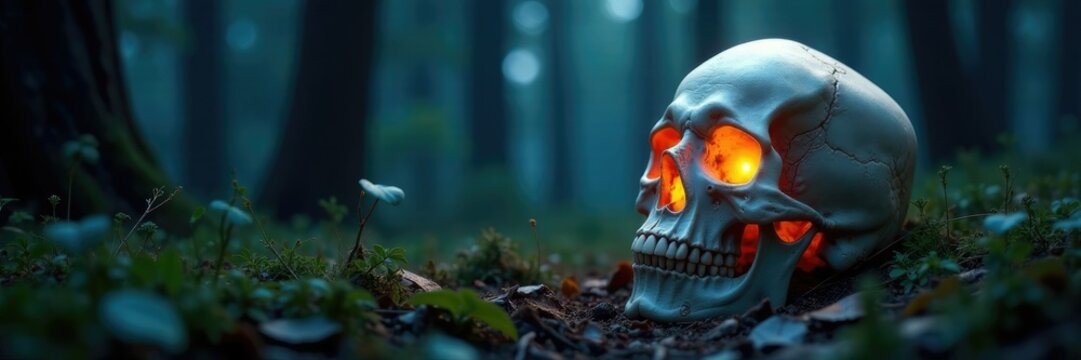Soft moonbeams illuminate skull in dark forest, forest floor, forest