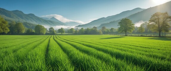 Obraz premium Lush green rice fields in a mountainous landscape under soft morning light with rolling hills and misty scenery