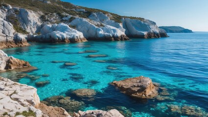 Crystal clear turquoise water with rocky coast and cliffs under bright blue sky at a coastal destination. Natural landscape scenery.