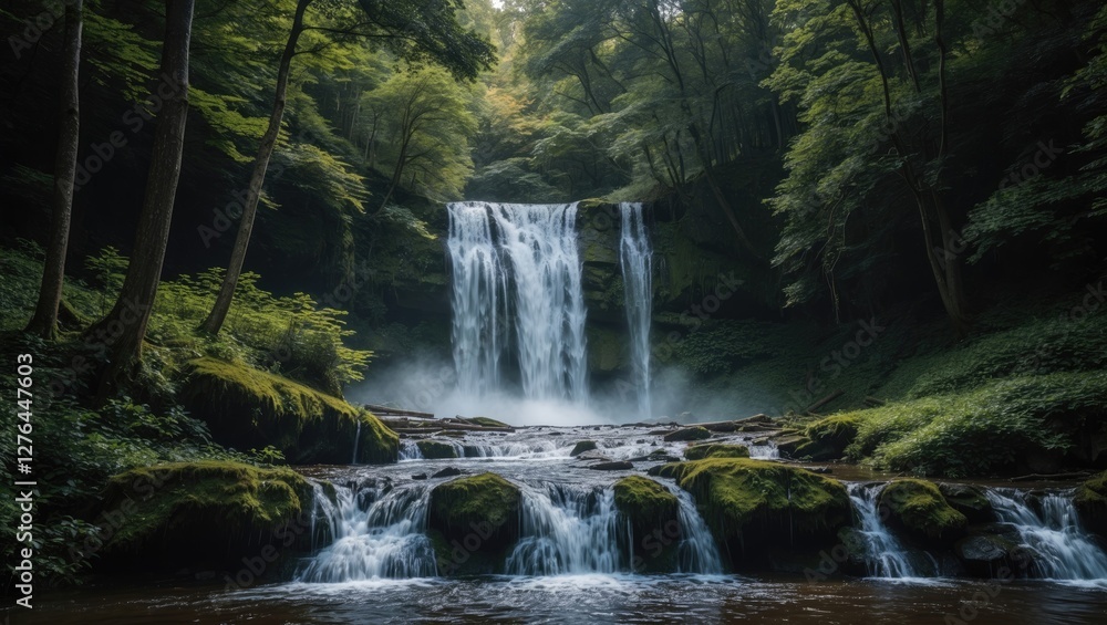 Poster waterfall cascading over rocks surrounded by lush green trees in a tranquil forest setting with mist