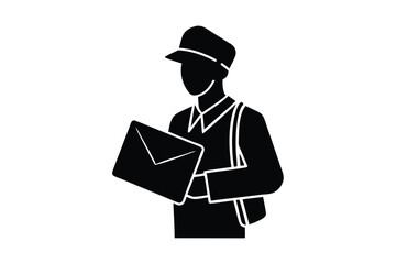 Silhouette of a mail carrier holding a bag of letters vector art illustration.eps