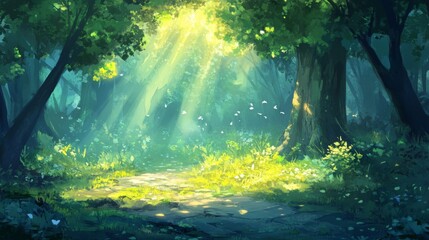 Obraz premium Sunlit Forest Path Magical Green Woodscape