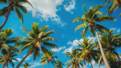 Palm trees against a bright blue sky with scattered clouds in a tropical setting during daylight.