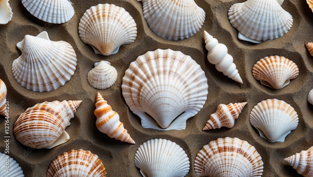 Poster variety of seashells displayed on sand background in different shapes and sizes with intricate textu